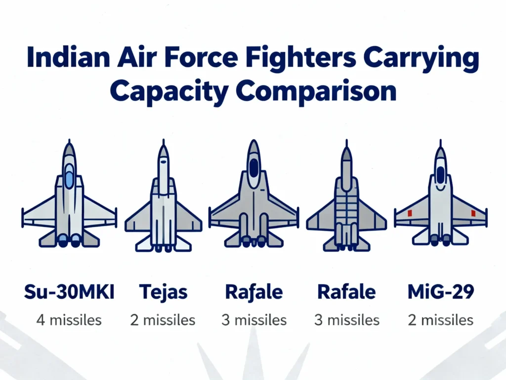 "Indian Air Force fighter payload capacity comparison: Su-30MKI carries 4 BrahMos-NG missiles, Tejas Mk1A carries 2 missiles, Rafale carries 2-3 missiles, MiG-29 carries 2 missiles infographic"
