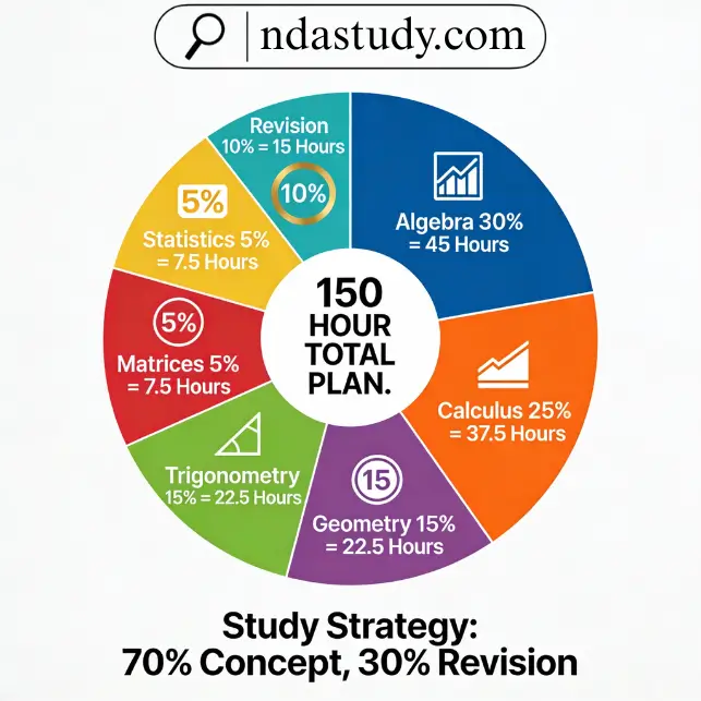 NDA Mathematics Syllabus 2026: Complete Topics Breakdown & Weightage 3 NDA Mathematics 150-hour study time allocation pie chart